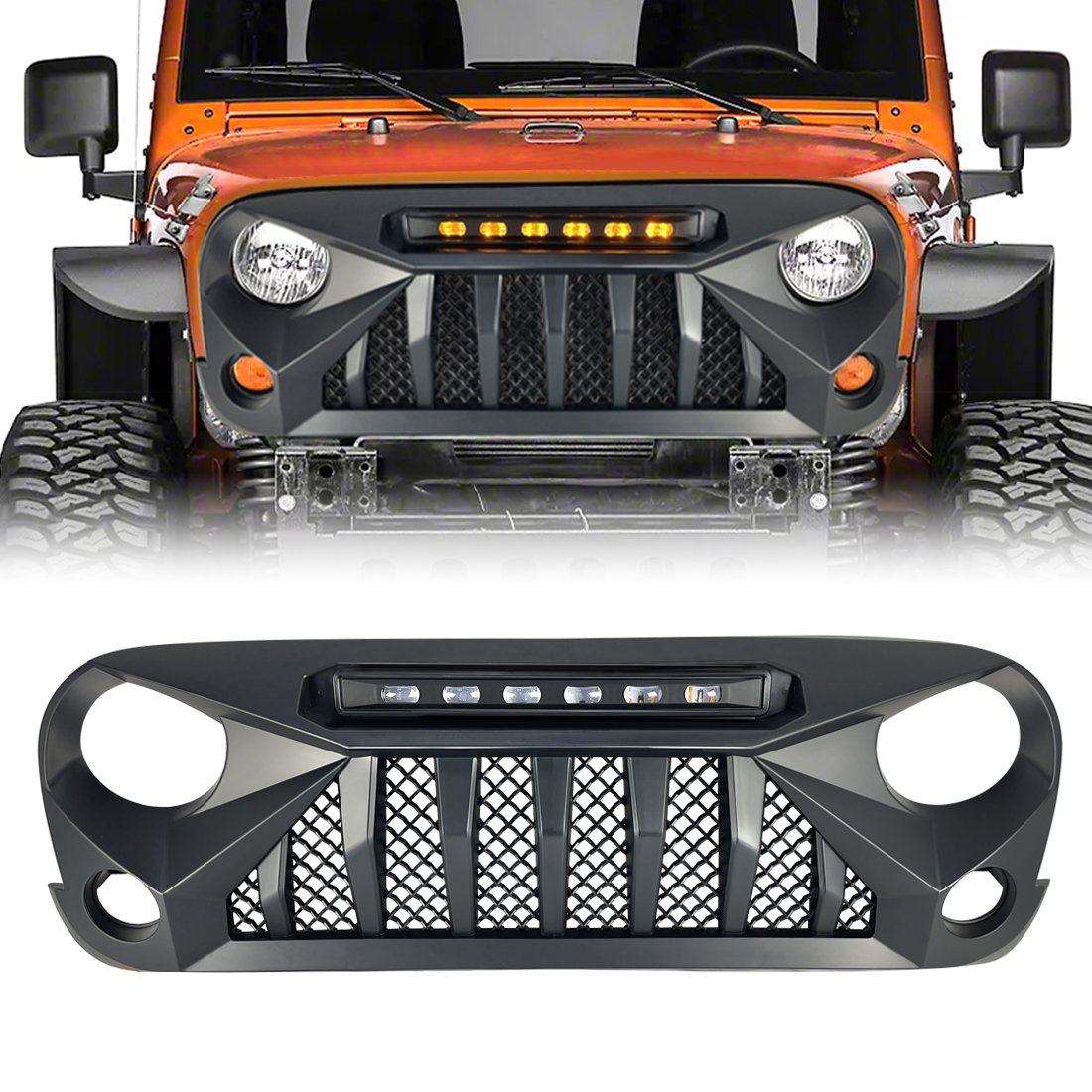 Gladiator Grille w/ Amber LED Running Lights for 07-18 Jeep Wrangler JK -  Matte Black - High Country Off-road