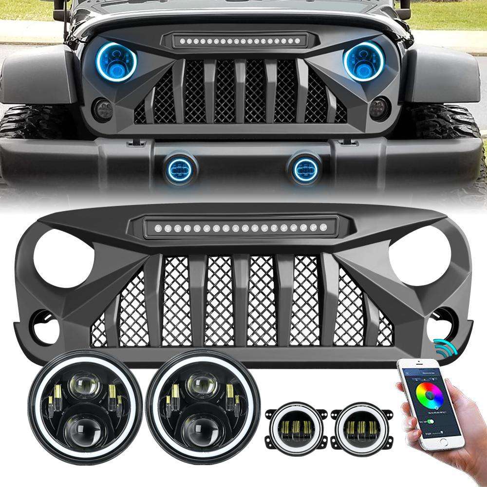 Gladiator Grille w/ LED Off-Road Lights & RGB Halo Headlights & RGB Halo  Fog Lights Combo for 07-18 Wrangler JK - High Country Off-road