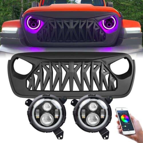 rgb-halo-headlights-shark-grilles-combo-for-jeep-wrangler-jl-grilles-and-grille-deletes-am-off-road-748804.jpg RGB Halo Headlights & Shark Grilles Combo for 18-23 Jeep Wrangler JL & Gladiator JT