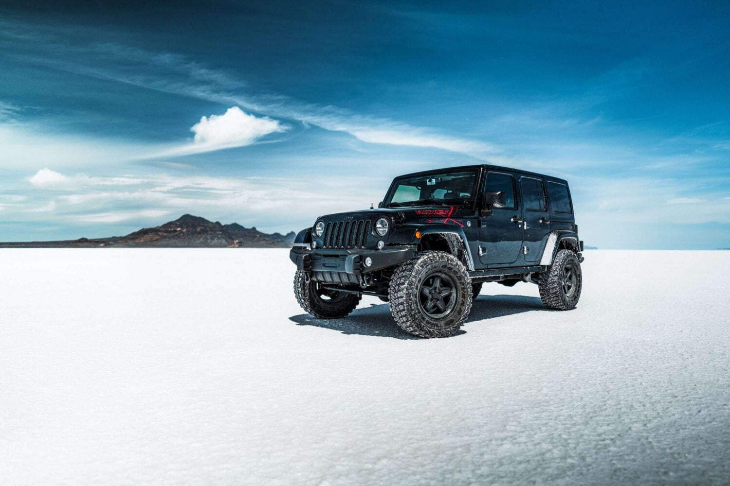 Jeep wrangler sitting safely on the salt flats