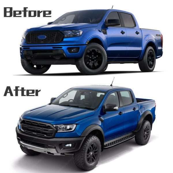 before and after photo of truck with ford ranger raptor grille installed