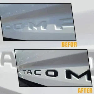 before and after install of black tacoma tailgate letters
