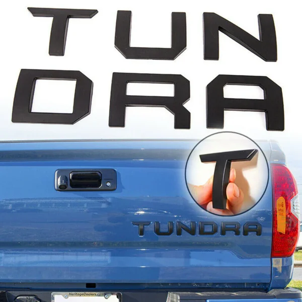 black tundra letters on a blue truck