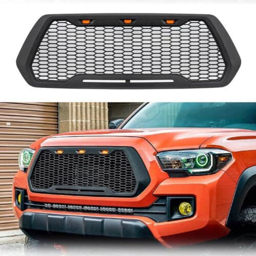 FRONT MESH GRILLE BLACK WITH 3 AMBER DRL LED LIGHTS FOR TOYOTA TACOMA 2016 2017 2018 2019 2020 2021 2022 2023